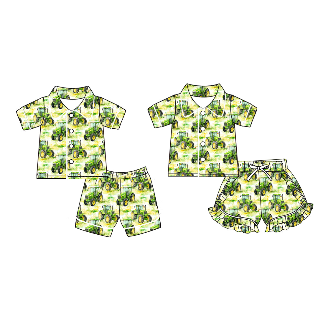 11.12(Custom Design Preorder MOQ 5 Each Design) Tractors Green Print Kids Summer Matching Pajamas Clothes Sibling Wear