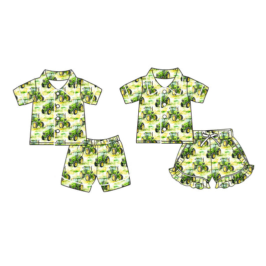 11.12(Custom Design Preorder MOQ 5 Each Design) Tractors Green Print Kids Summer Matching Pajamas Clothes Sibling Wear