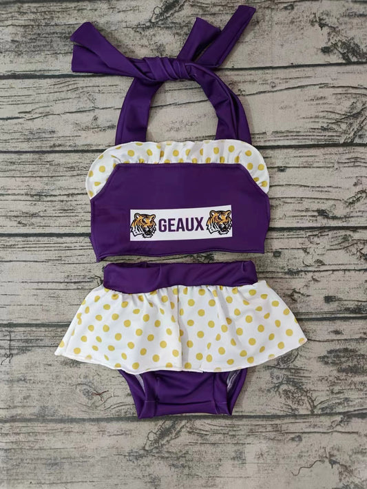 (Custom Design Preorder MOQ 5) Team's Tiger Purple Polka Dot Print Girls 2 Pieces Swimsuits