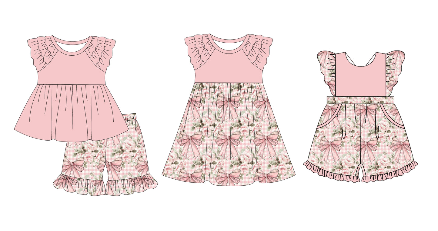 12.10(Custom Design Preorder MOQ 5 Each Design) Pink Flowers Plaid Print Girls Summer Matching Clothes Sisters Wear