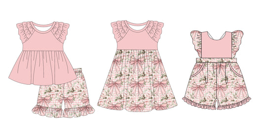 12.10(Custom Design Preorder MOQ 5 Each Design) Pink Flowers Plaid Print Girls Summer Matching Clothes Sisters Wear