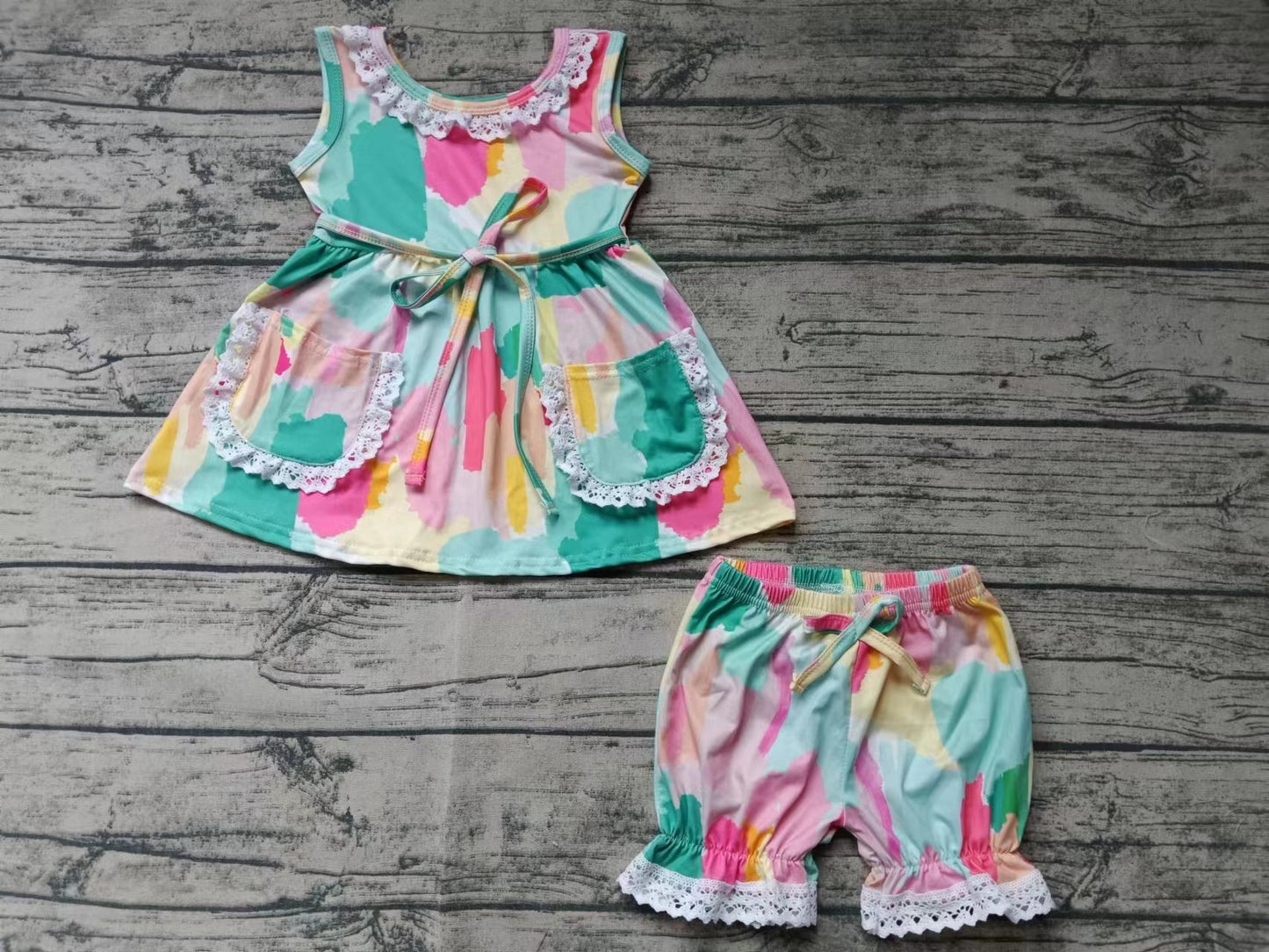 (Custom Design Preorder MOQ 5)  Tie-dye Pockets Tunic Top Pants Girls Summer Clothes Set