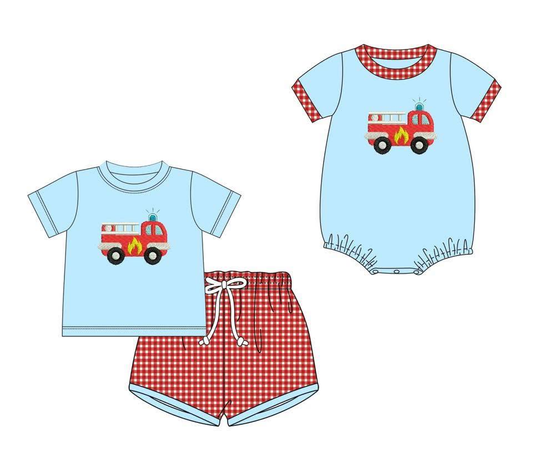 (Custom Design Preorder MOQ 5 Each Design) Fire Truck Blue Print Boys Summer Matching Clothes Brothers Wear