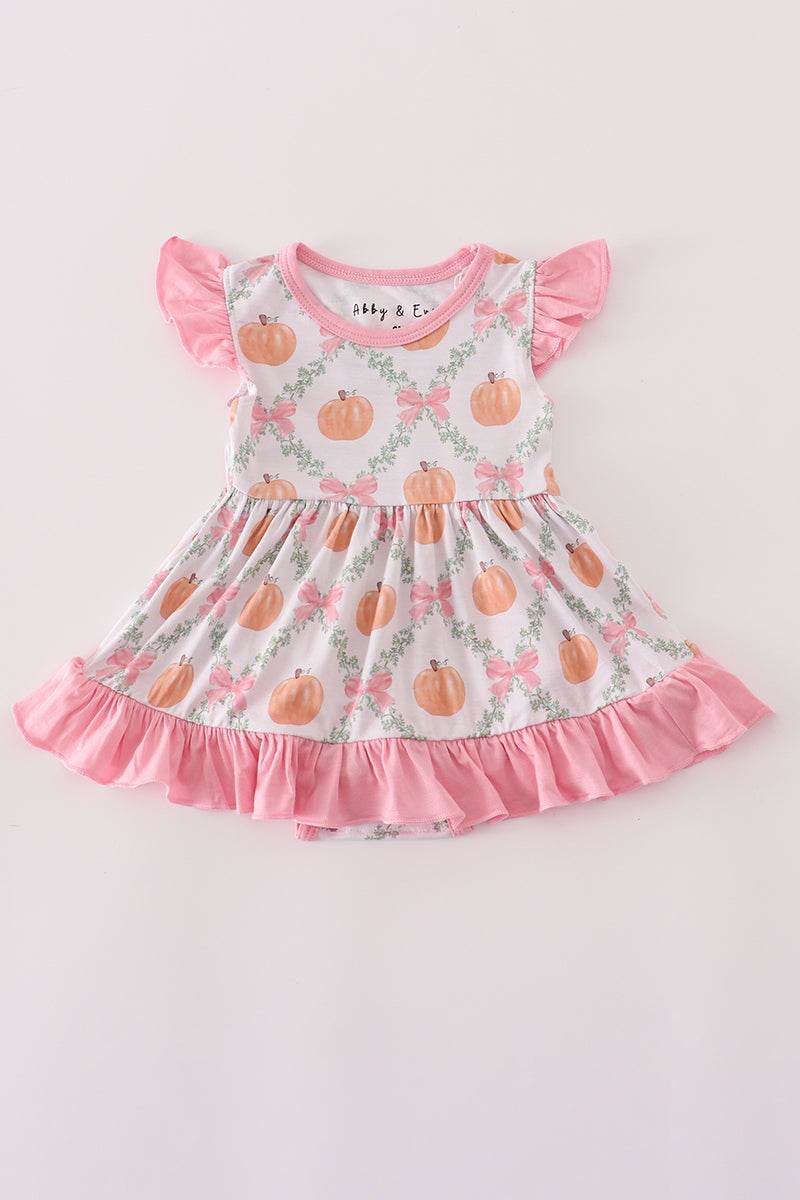 (Custom Design Preorder MOQ 5)  Pumpkin Bows Print Baby Girls Fall Skirted Romper