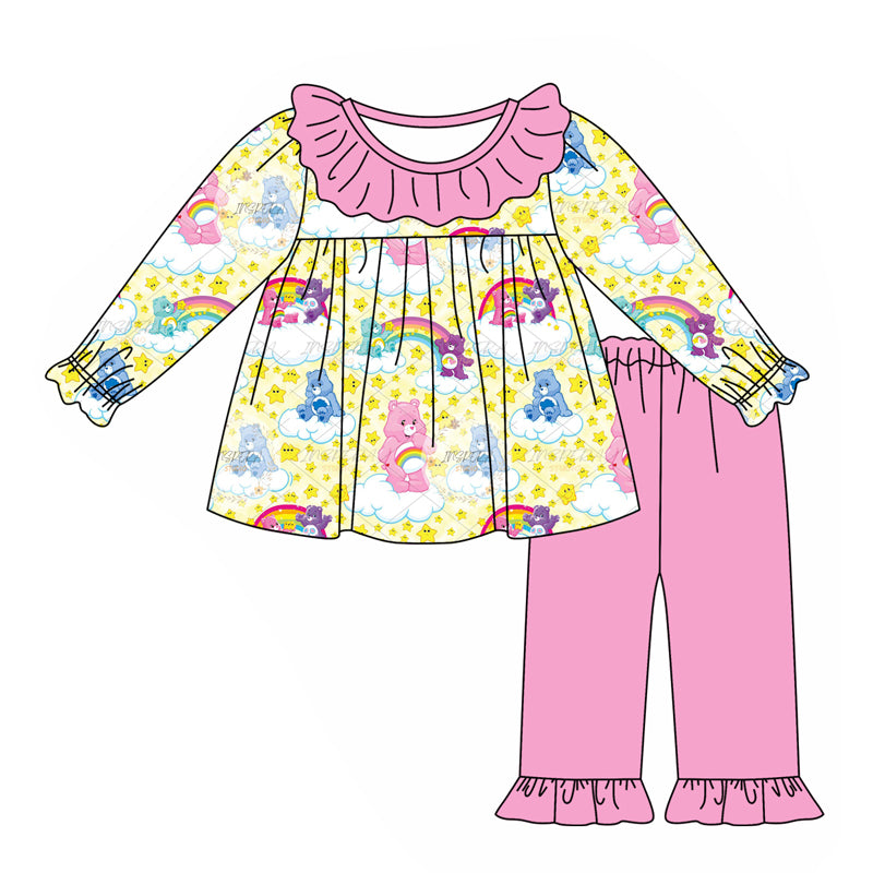 (Custom Design Preorder MOQ 5) Cartoon Bear Rainbow Stars Tunic Top Pink Pants Girls Fall Clothes Set