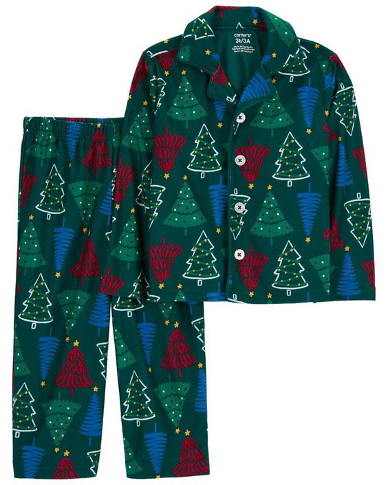 (Custom Design Preorder MOQ 5) Christmas Tree Green Print Kids Buttons Pajamas Clothes Set