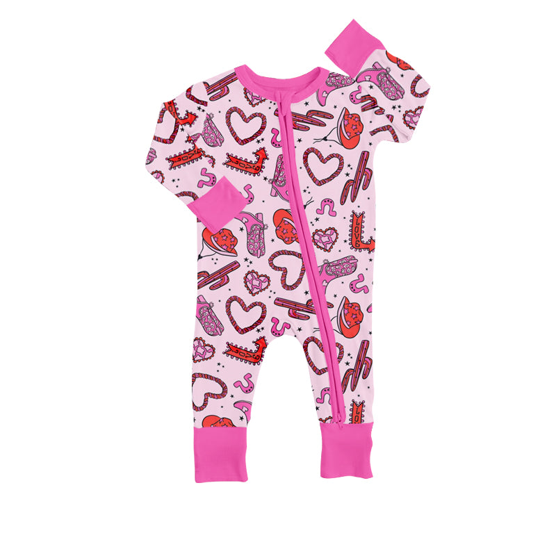 (Custom Design Preorder MOQ 5) Hat Boots Heart Print Baby Girls Valentine's Zipper Romper