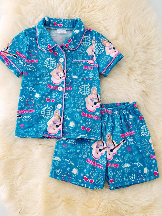 (Custom Design Preorder MOQ 5)  Singer Swiftie Blue Print Girls Summer Pajamas Clothes Set