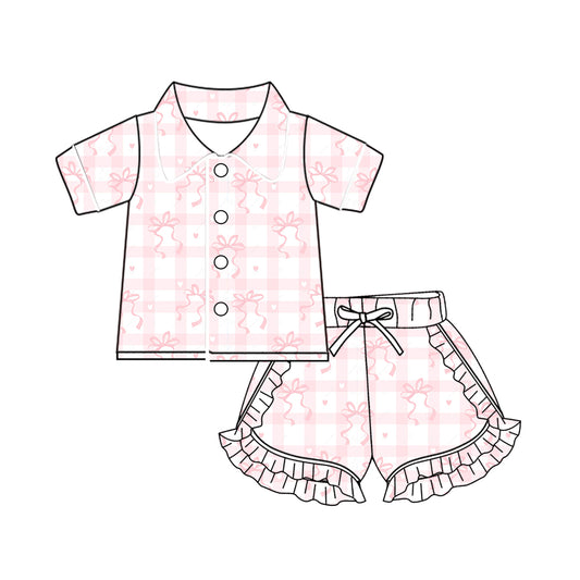 (Custom Design Preorder MOQ 5) Pink Bows Print Girls Summer Pajamas Clothes Set