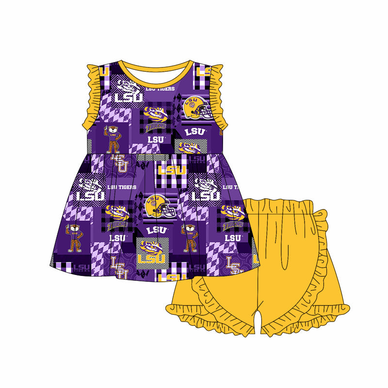 (Custom Design Preorder MOQ 5) Team's lSU Tigers Print Girls Summer Clothes Set