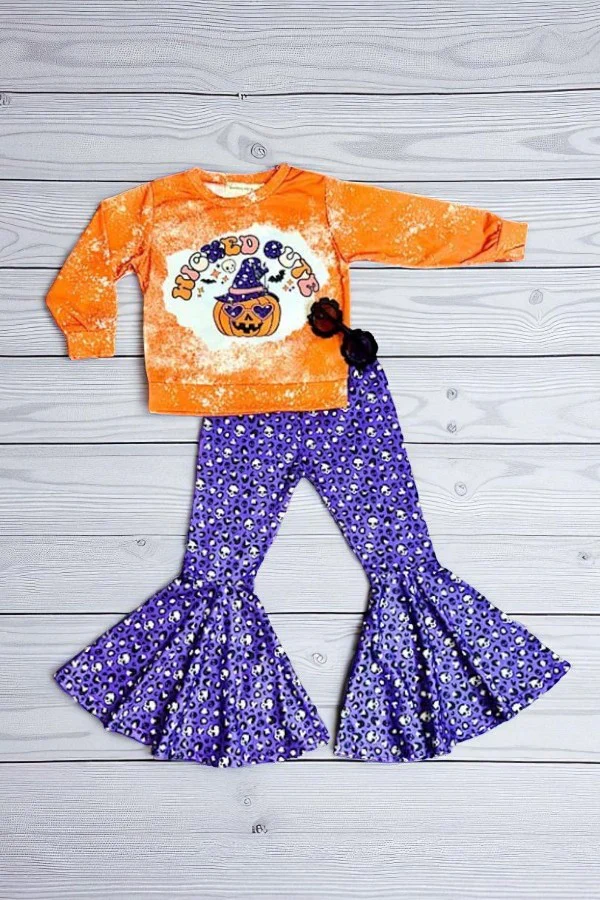 (Custom Design Preorder MOQ 5) Wiched Cute Pumpkin Top Leopard Bell Pants Girls Halloween Clothes Set