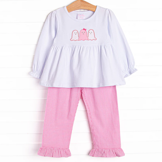 (Custom Design Preorder MOQ 5) Ghost Tunic Top Pink Pants Girls Halloween Clothes Set