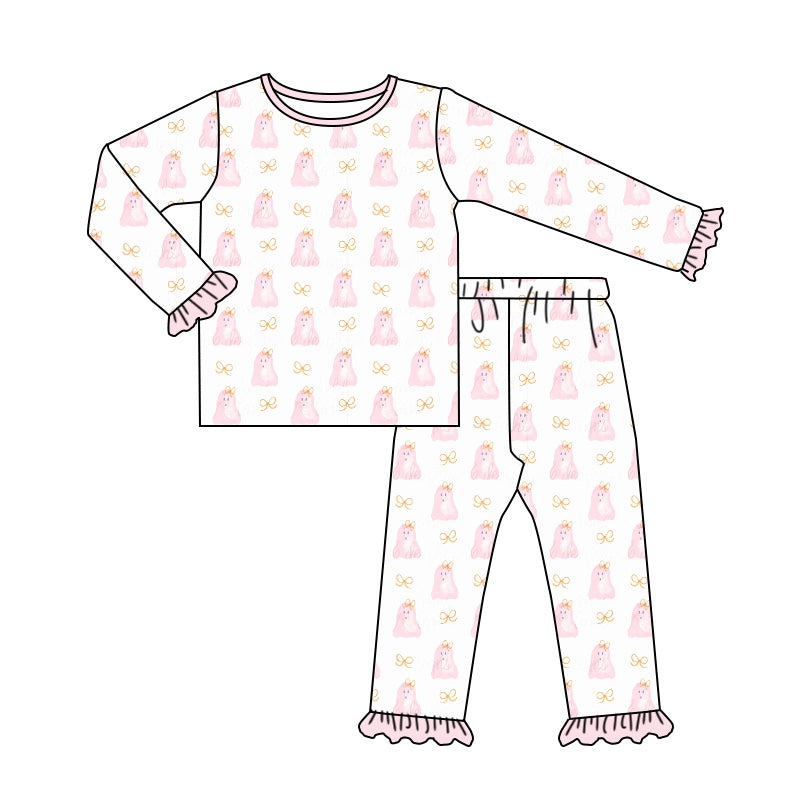 (Custom Design Preorder MOQ 5) Ghost Print Girls Halloween Pajamas Clothes Set