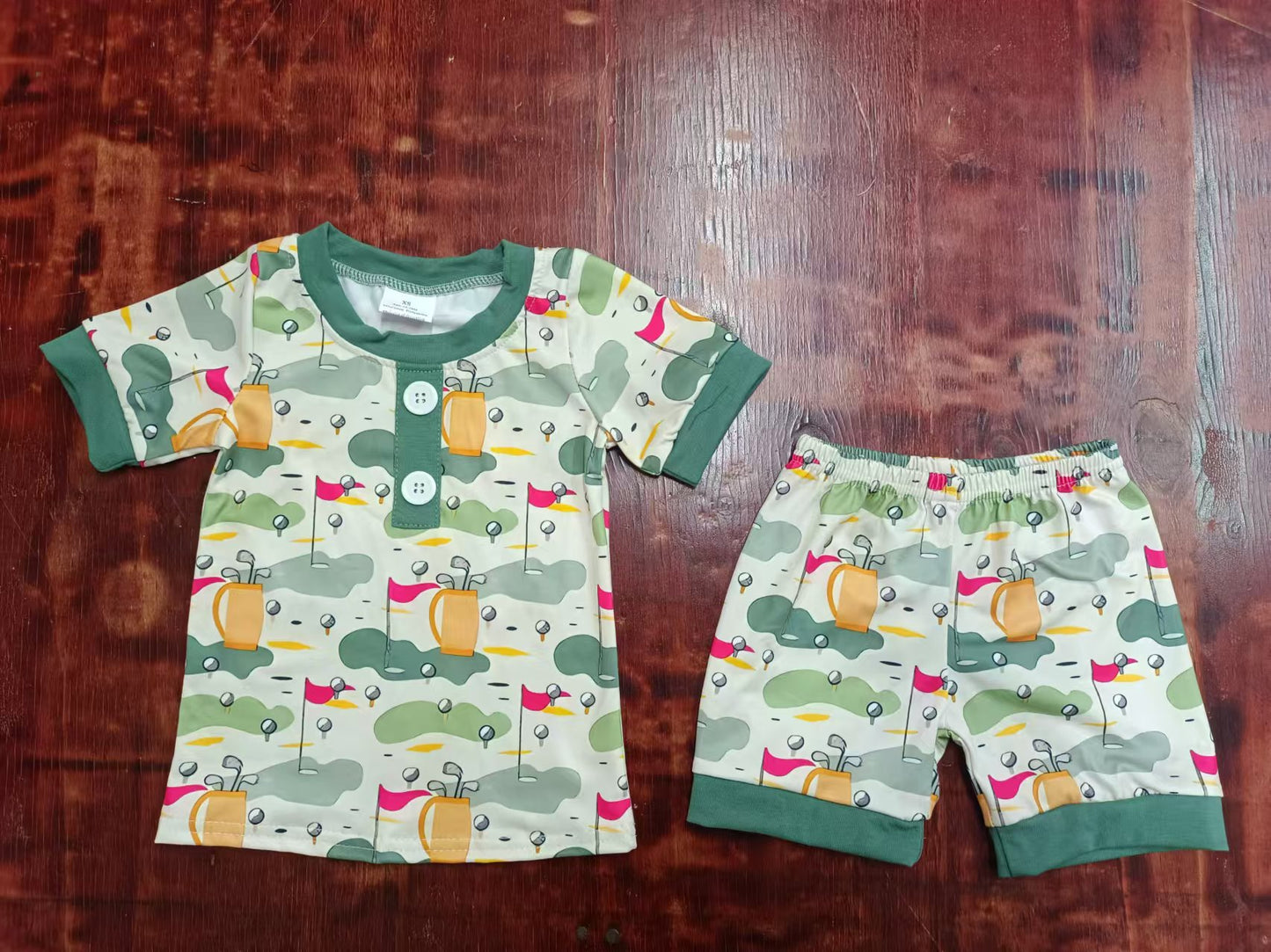 (Custom Design Preorder MOQ 3 ) Golf Hole Print Boys Summer Pajamas Clothes Set