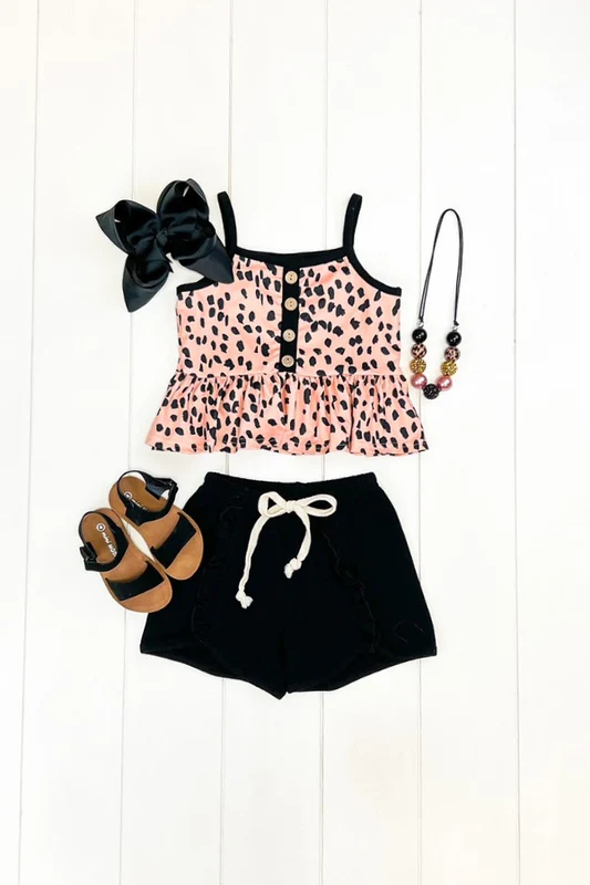 (Custom Design Preorder MOQ 5) Leopard Top Black Shorts Girls Summer Clothes Set