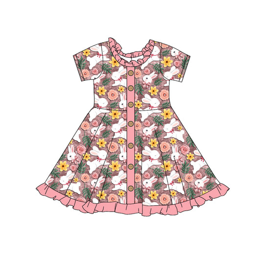 (Custom Design Preorder MOQ 5) Bunny Flowers Print Girls Easter Knee Length Dress