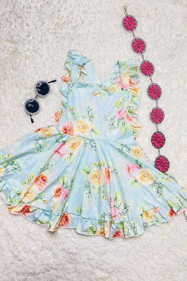 (Custom Design Preorder MOQ 5) Flowers Print Girls Knee Length Summer Dress