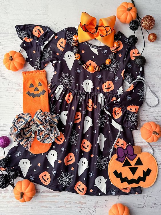 (Custom Design Preorder MOQ 5) Pumpkin Ghost Print Girls Knee Length Halloween Dress