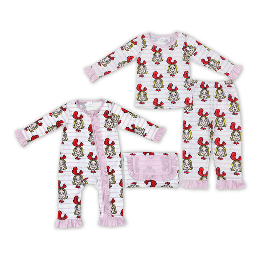 Christmas Girl Pink Stripes Print Sisters Christmas Matching Pajamas Bamboo Clothes