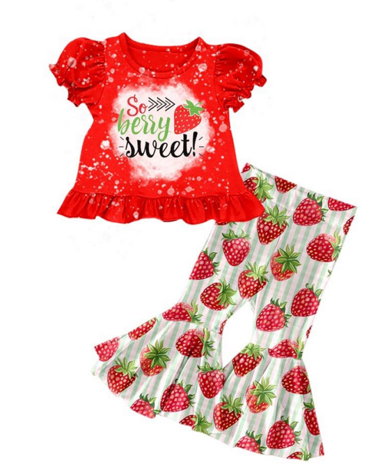 (Custom Design Preorder MOQ 5) Strawberry Print Bell Pants Girls Clothes Set