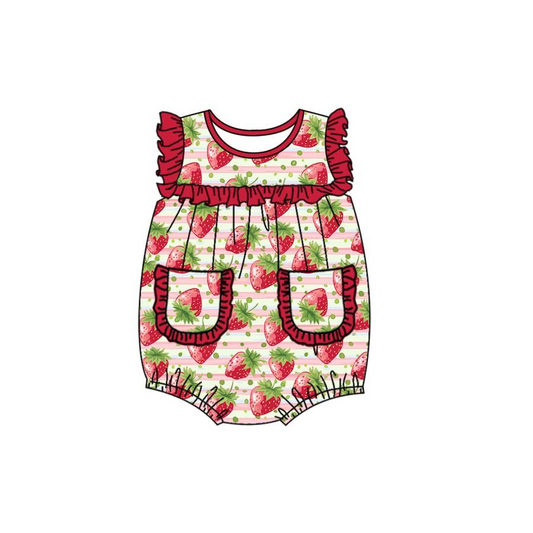 (Custom Design Preorder MOQ 5)  Strawberry Stripes Print Pockets Baby Girls Summer Romper