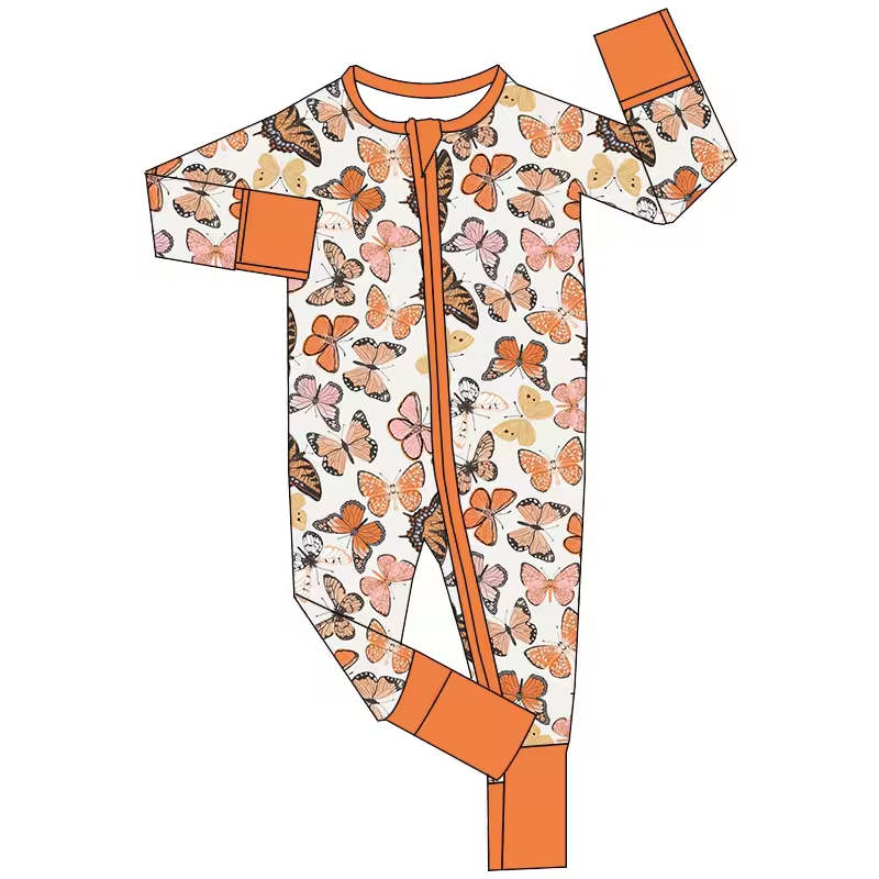 (Custom Design Preorder MOQ 5)  Butterfly Print Baby Girls Fall Zipper Sleeper Romper