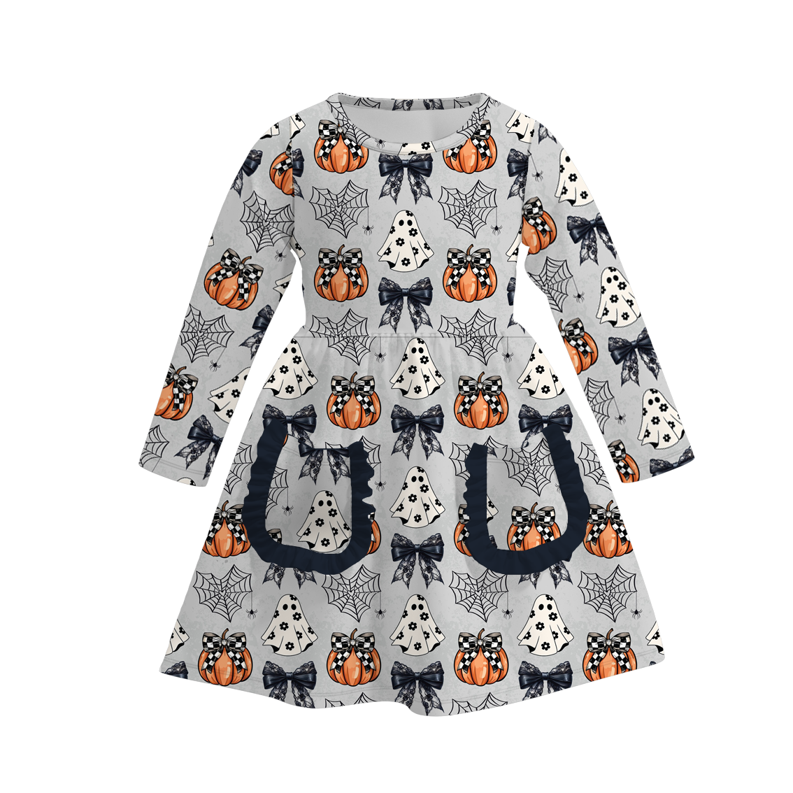 (Custom Design Preorder MOQ 5) Pumpkin Ghost Bows Print Girls Knee Length Fall Dress