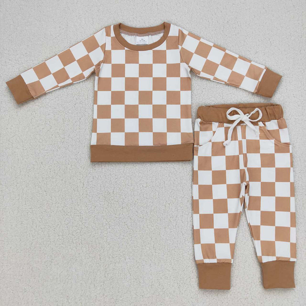 (Promotion)4 Colors Plaid Print Kids Fall Pajamas Clothes Set Sibling Wear