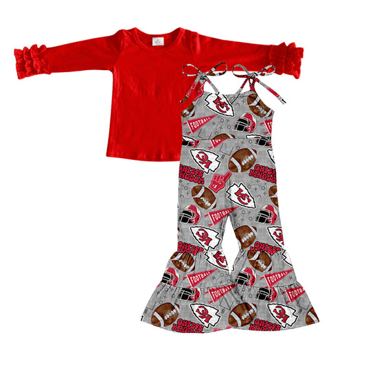 (Custom Design Preorder MOQ 5) Red Top Team's KC Gray Jumpsuit Girls Fall Clothes Set