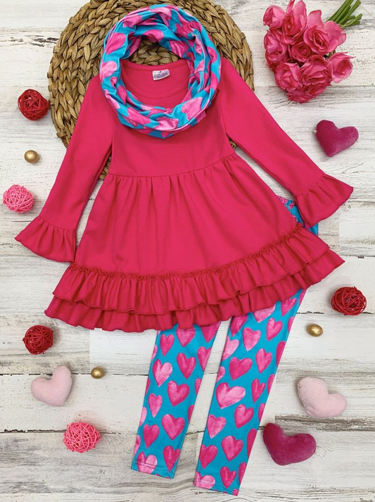 (Custom Design MOQ 5)  Red Tunic Top Heart Legging Pants Girls 3 Pieces Valentine's Clothes set