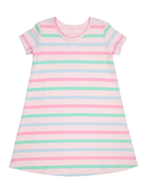 (Custom Design Preorder MOQ 5 ) Pink Stripes Print Girls Summer Knee Length Dress