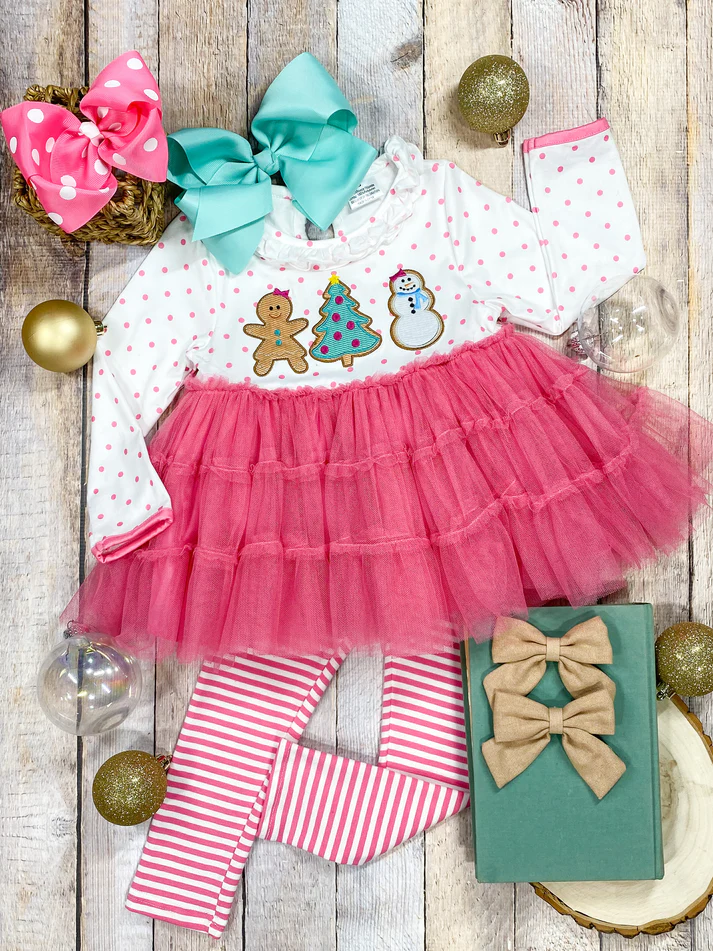 (Custom Design Preorder MOQ 5) Gingerbread Tulle Top Pink Stripes Pants Girls Christmas Clothes Set