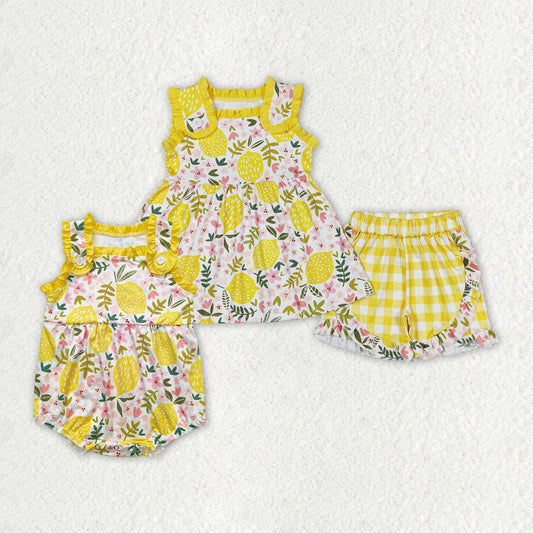 Lemon Flowers Yellow Plaid Print Sisters Summer Matching Clothes