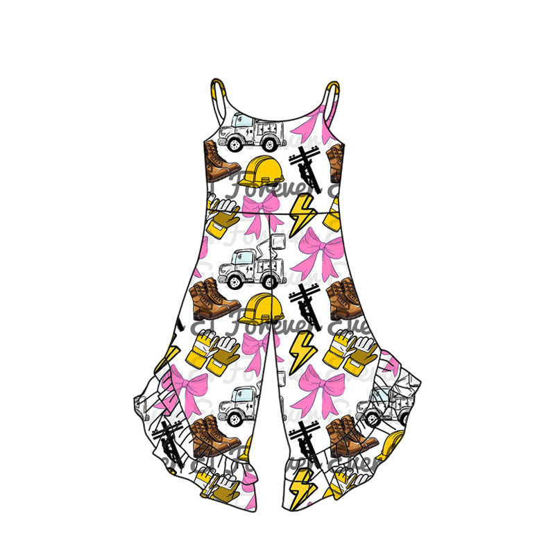 2.26(Custom Design Preorder MOQ 5) Worker Pink Bows Print Girls Summer Jumpsuits