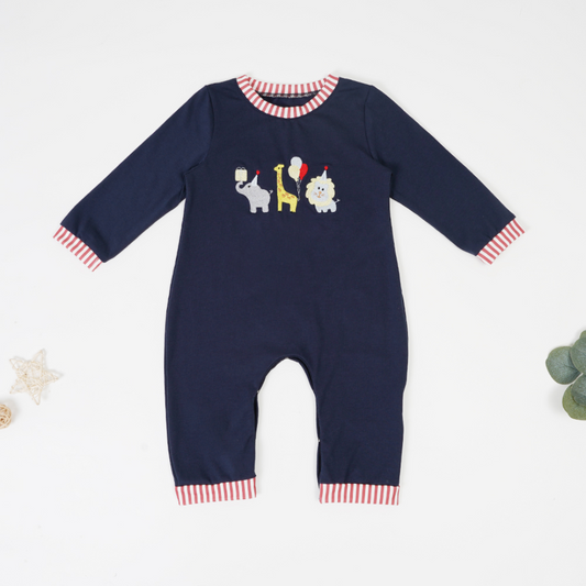 (Custom Design Preorder MOQ 5) Animals Navy Print Baby Boys Fall Romper