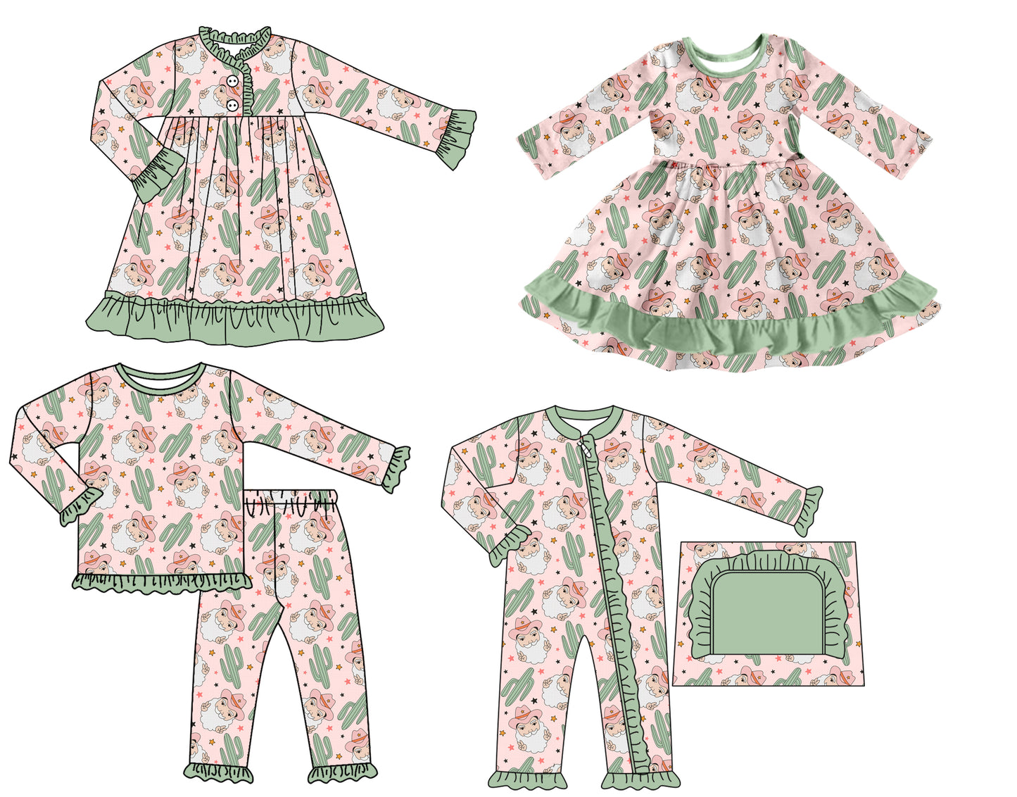 7.17(Custom Design Preorder MOQ 5 Each Design) Santa Cactus Print Girls Christmas Matching Clothes Sisters Wear