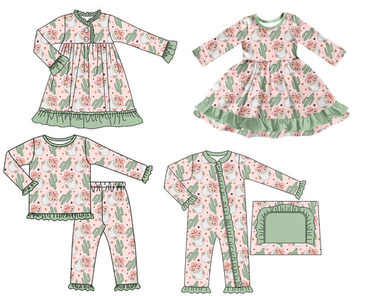 7.17(Custom Design Preorder MOQ 5 Each Design) Santa Cactus Print Girls Christmas Matching Clothes Sisters Wear