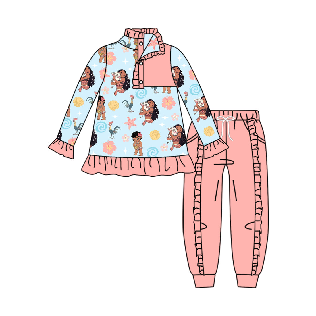 11.16(Custom Design Preorder MOQ 5) Cartoon Princess M*ana Pullover Top Pink Pants Girls Fall Clothes Set
