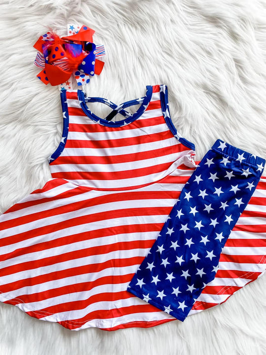 (Custom Design Preorder MOQ 5)  Red Stripes Tunic Top Stars Shorts Girls 4th of July Clothes Set