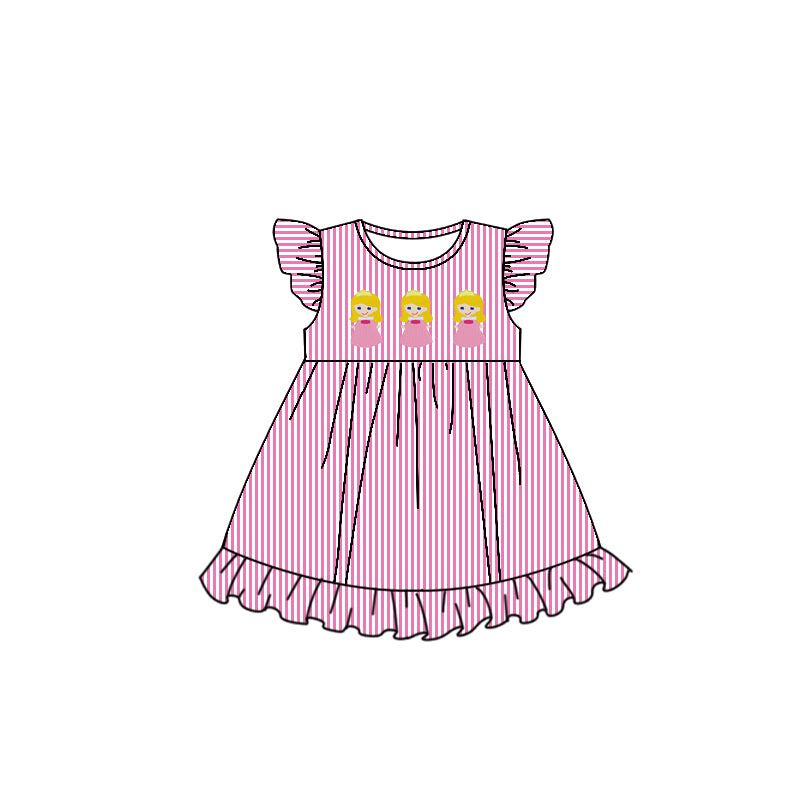 (Custom Design Preorder MOQ 5) Princess Pink Stripes Print Girls Summer Knee Length Dress