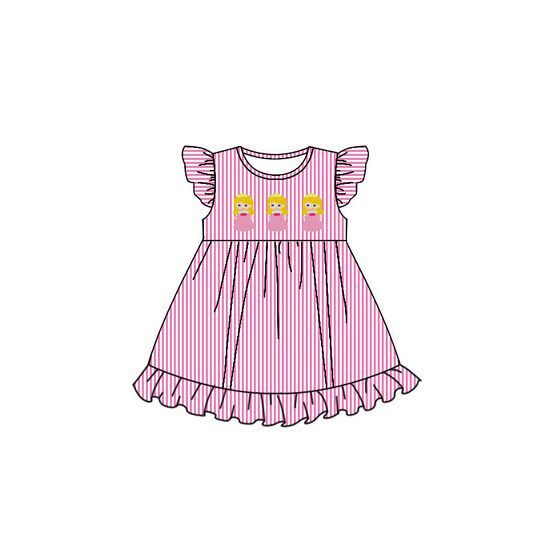 (Custom Design Preorder MOQ 5) Princess Pink Stripes Print Girls Summer Knee Length Dress