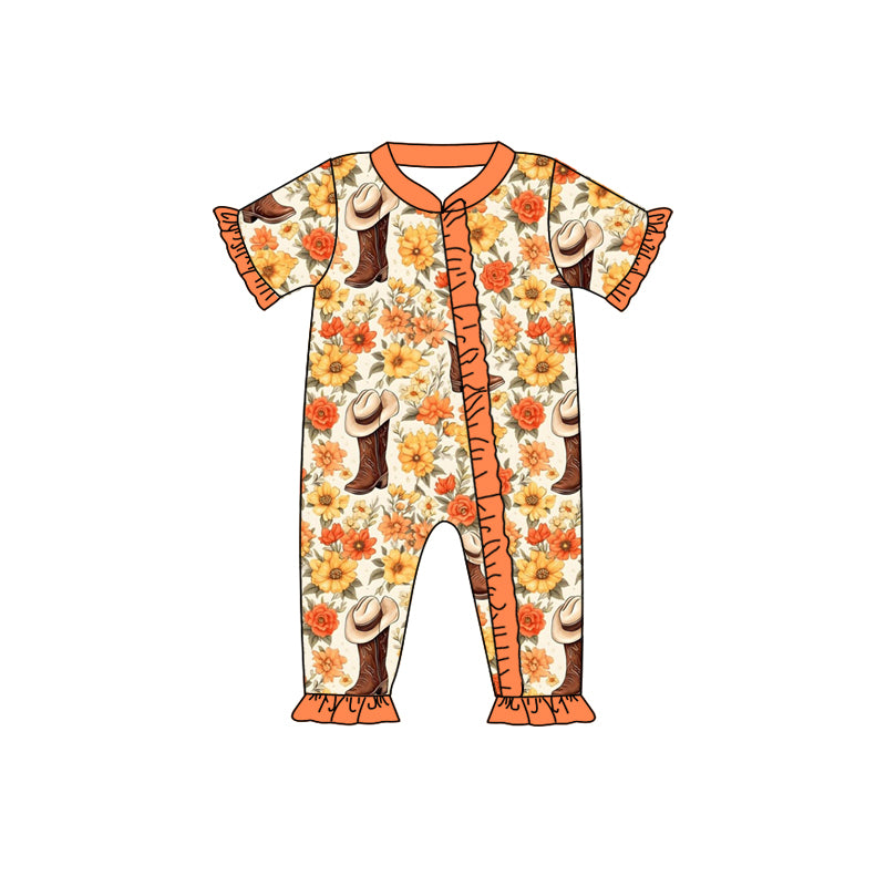 (Custom Design Preorder MOQ 5) Orange Flowers Boots Baby Girls Western Sleeper Zipper Romper