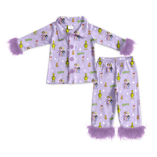 (Custom Design Preorder MOQ 5) Green Frog Purple Print Girls Christmas Buttons Fur Pajamas Clothes Set