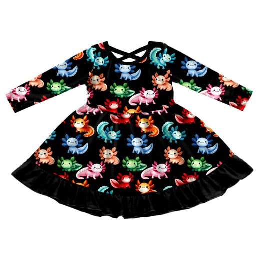 (Custom Design Preorder MOQ 5) Colorful Axolotl Print Girls Knee Length Dress