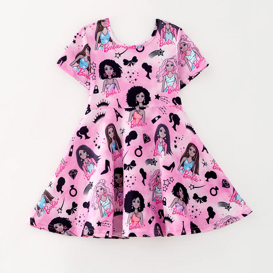 (Custom Design Preorder MOQ 5) Pink BA Print Girls Knee Length Dress