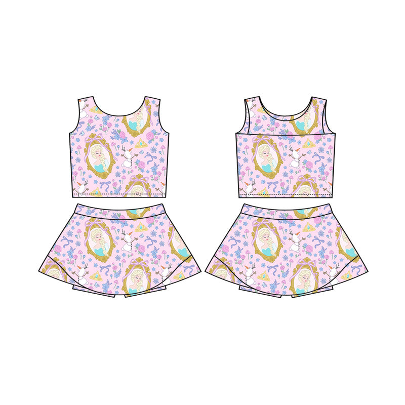 (Custom Design Preorder MOQ 5 Each Item )5-8 Styles Cartoon Princess Print Shorts Skirts Girls Summer Yoga Clothes Set