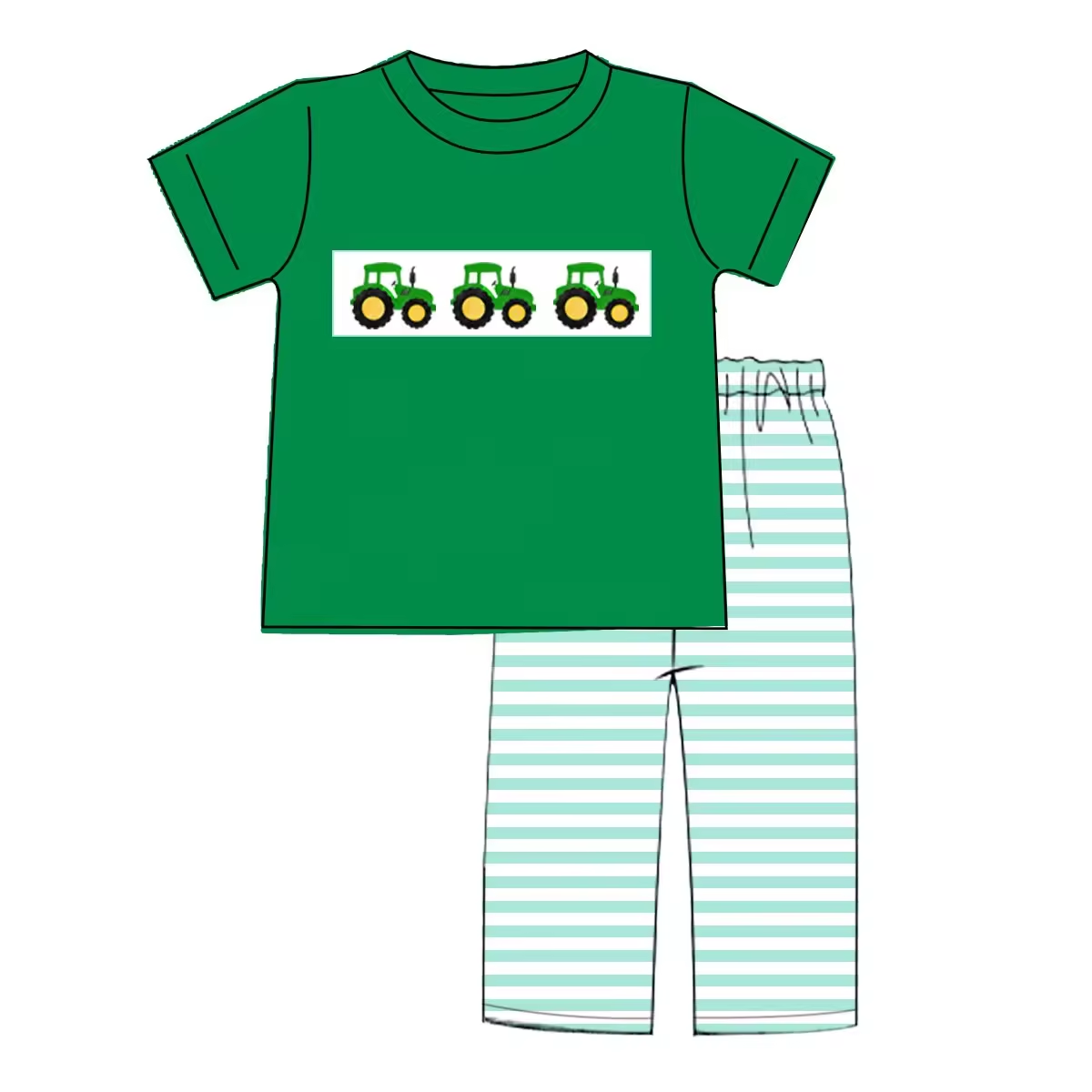 (Custom Design Preorder MOQ 5)  Tractor Green Top Stripes Pants Boys Clothes Set