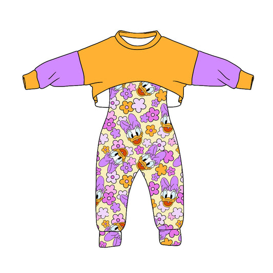 (Custom Design Preorder MOQ 5) Orange Top Cartoon Duck Flowers Print Jumpsuits Girls Fall Clothes Set