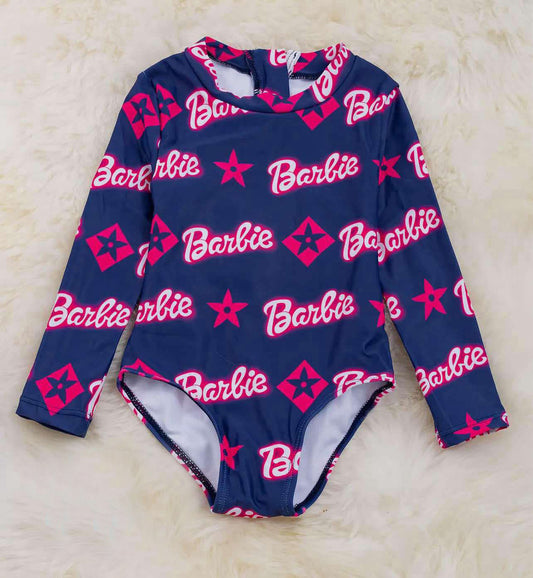 (Custom Design Preorder MOQ 5)  Pink BA Navy Print Girls 1 Piece Long Sleeve Swimsuits