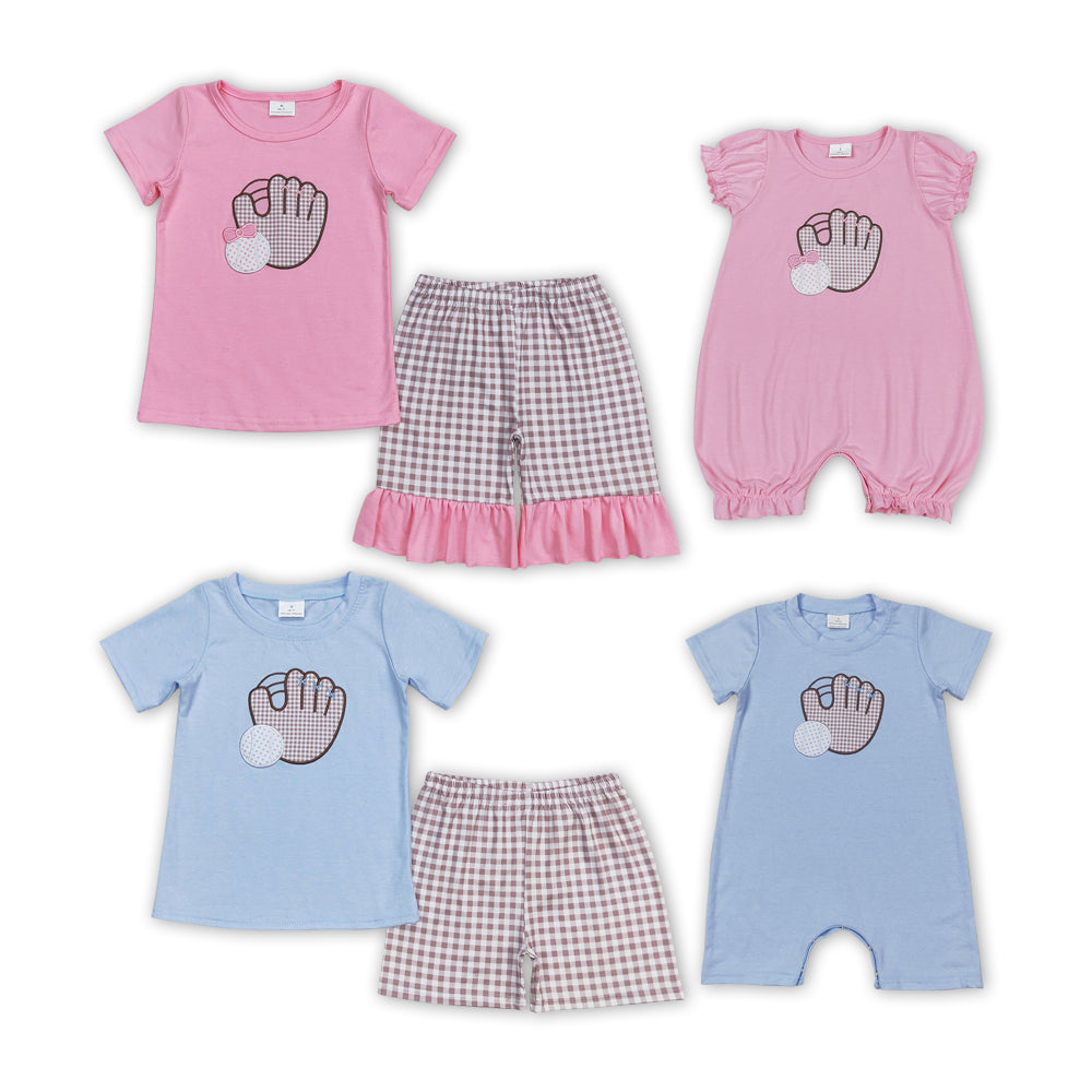 Baseball Embroidery Plaid Print Sibling Summer Matching Clothes